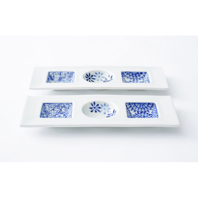 送料無料】有田焼 伯父山窯 染付○□三品盛 2枚セット ｜大慶(有田焼