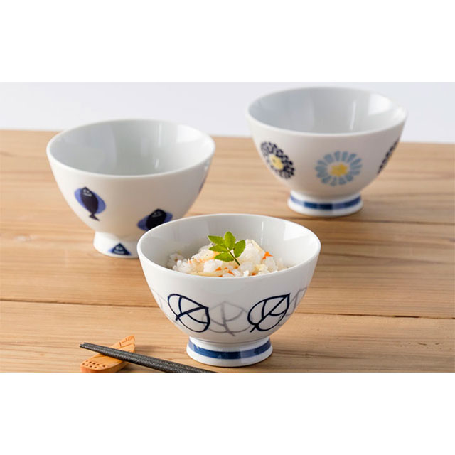 波佐見焼 丸紋菊・二色葉・フィッシュ 茶漬 お茶碗 3柄セット(Cheer