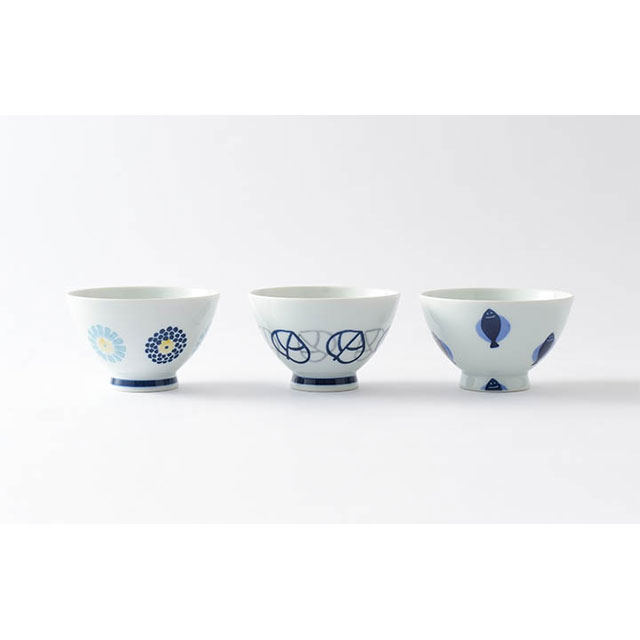 波佐見焼 丸紋菊・二色葉・フィッシュ 茶漬 お茶碗 3柄セット(Cheer