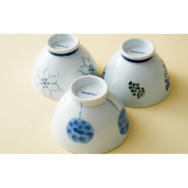 波佐見焼 リーフ・背高木立・手描きフラワー 茶漬 お茶碗 3柄セット