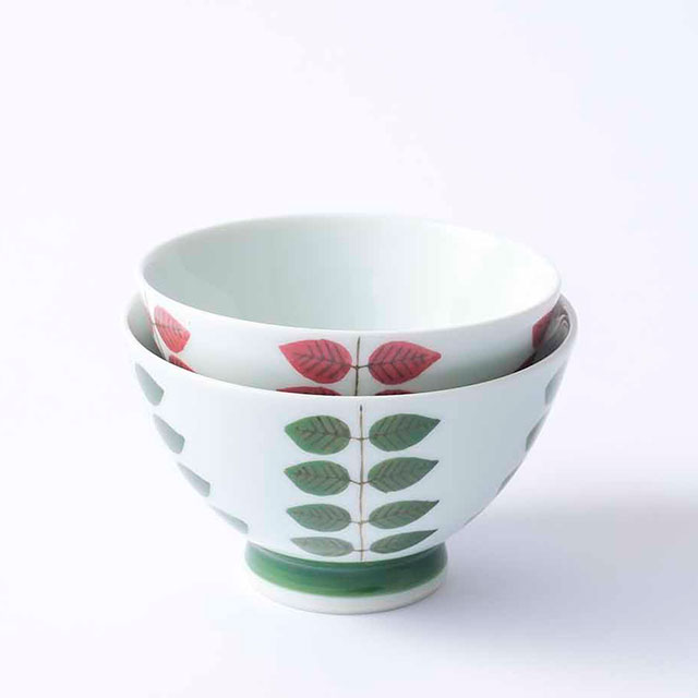 越中木葉焼　茶碗 波佐見焼 グリーン巻木の葉・朱巻木の葉 お茶碗 2色セット(Cheer house